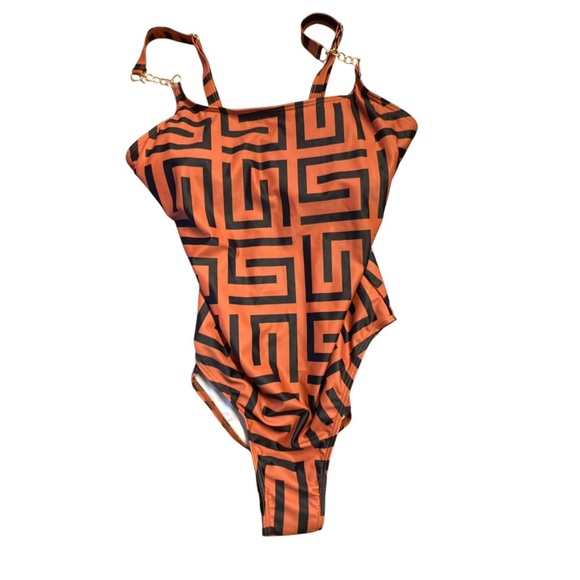 Orange and Black Geometric One-Piece Swimsuit - Picture 2 of 5